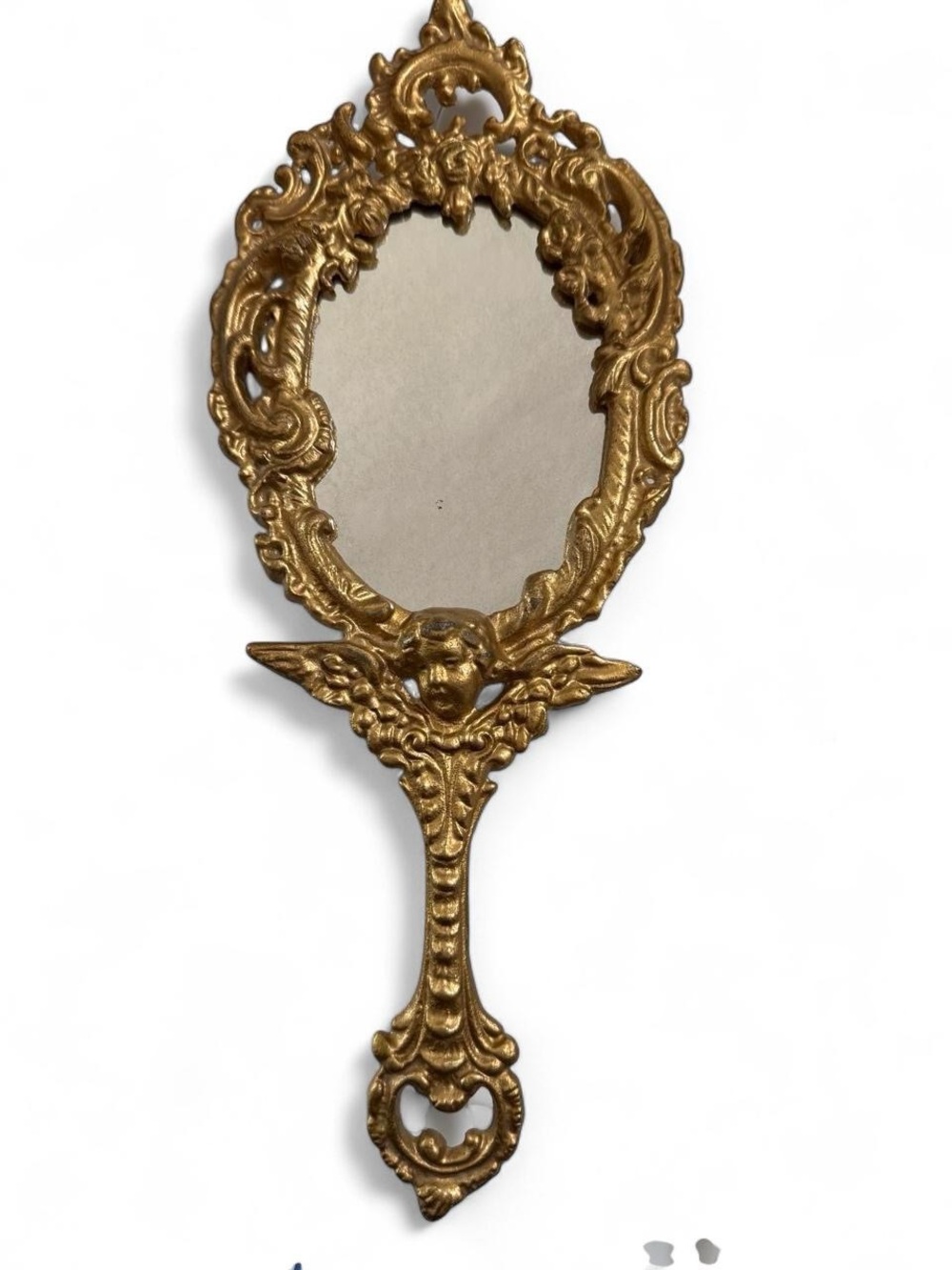 Vintage Collectible Ornate Gold Decorative Hand Mirror with Cherub Motif